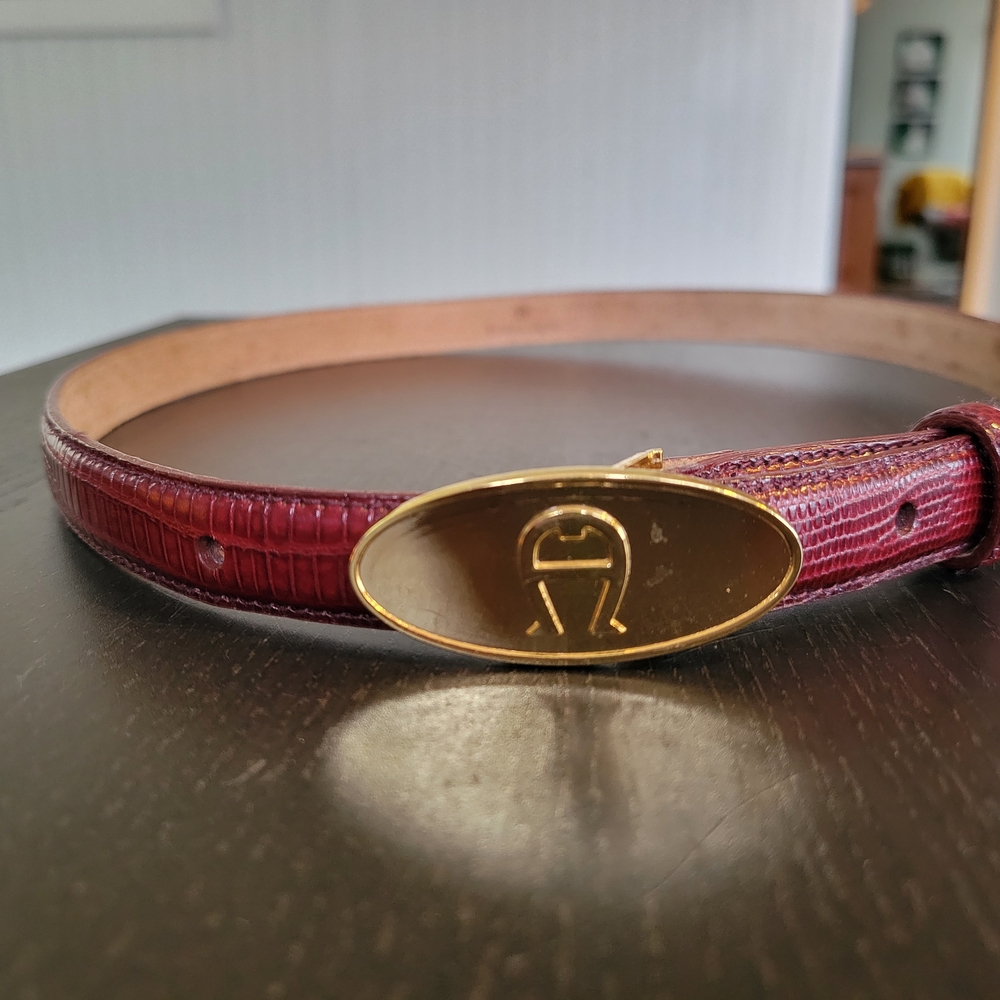 Embossed Burgundy Leather Belt with Gold Buckle Etienne Aigner
